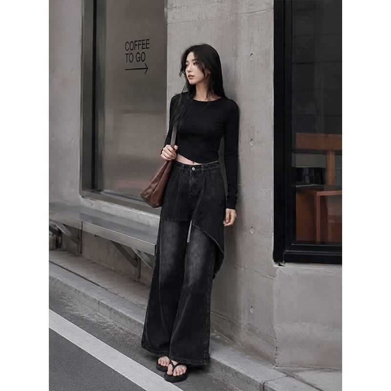 Design sense niche black jeans women's summer new high waist drape floor pants irregular cut wide leg pants