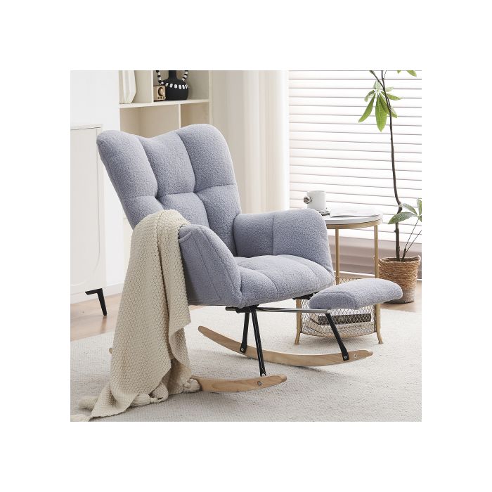 Nouveau fauteuil à bascule moderne avec rembourrage et tissu peluche, avec repose-pieds extensible, gris