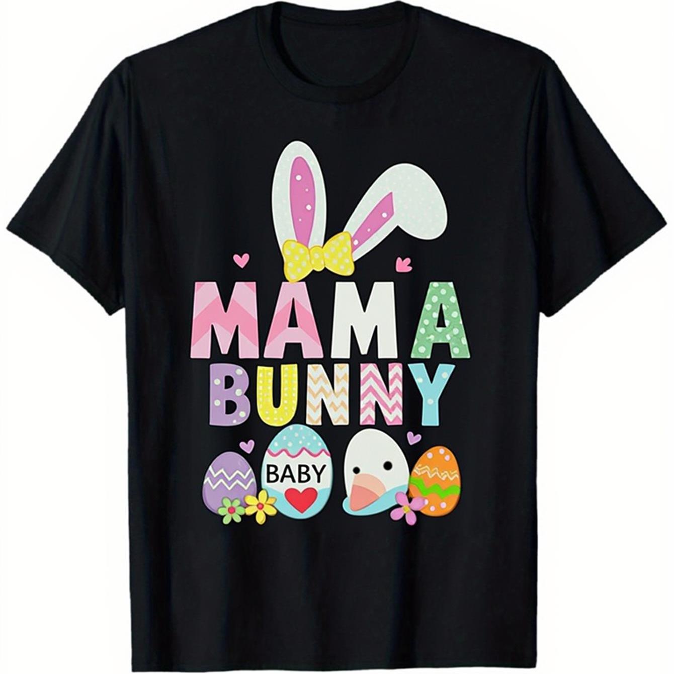 Mama Bunny Easter Graphic Tee Women Cotton Casual Crew Neck T-Shirt for Mom 4XL