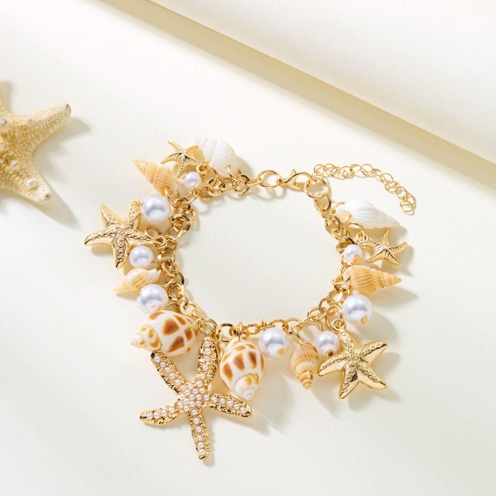 Gift Bohemian Starfish Necklace Pearl Tassel Pendant Conch Shell Bracelet Exaggerate Waist Chain for Women