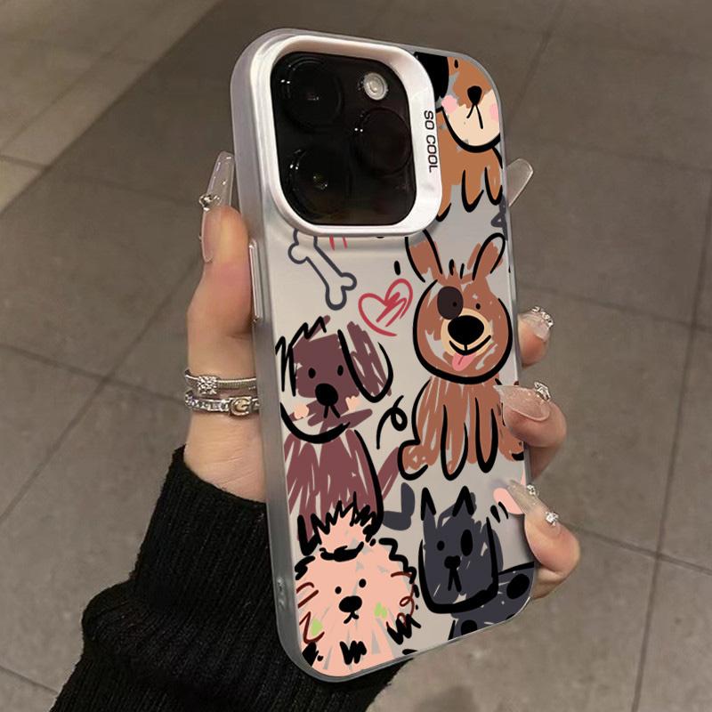 Funny Graffiti Dogs Phone Case For iPhone 15 16 Pro Max 14 13 12 11 X XS XR 7 8 Plus SE 2 3 Electroplate Silver IMD Cute Cover