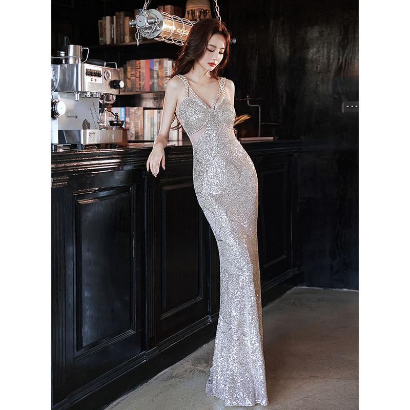 Sexy Evening Dress Women's 1011 New Silver Sequins Texture Style Temperament Host Suspender Fishtail