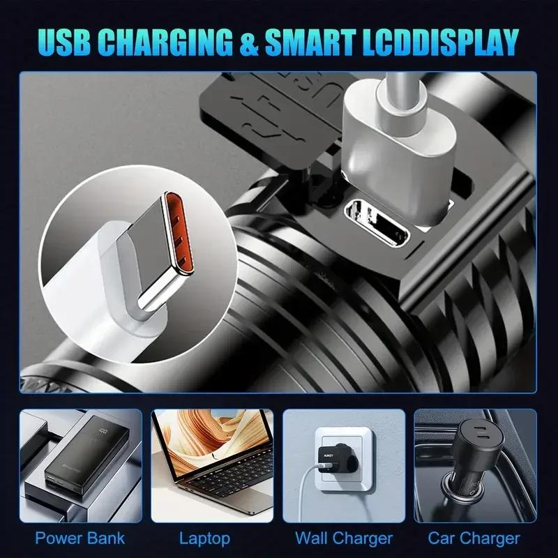 Ultra Bright LED Flashlight 2000LM Type-C Rechargeable Long Range Zoom Tactical Torch Outdoor Emergency Camping Fishing Lantern