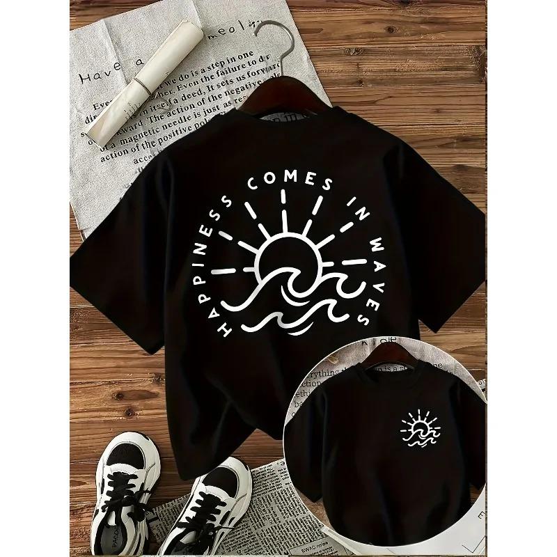 

Girls Casual Crew Neck TShirt with Reversible Sun and Wave Print and Happiness Rolls in Slogan Comfortable AllSeason Top 3XL