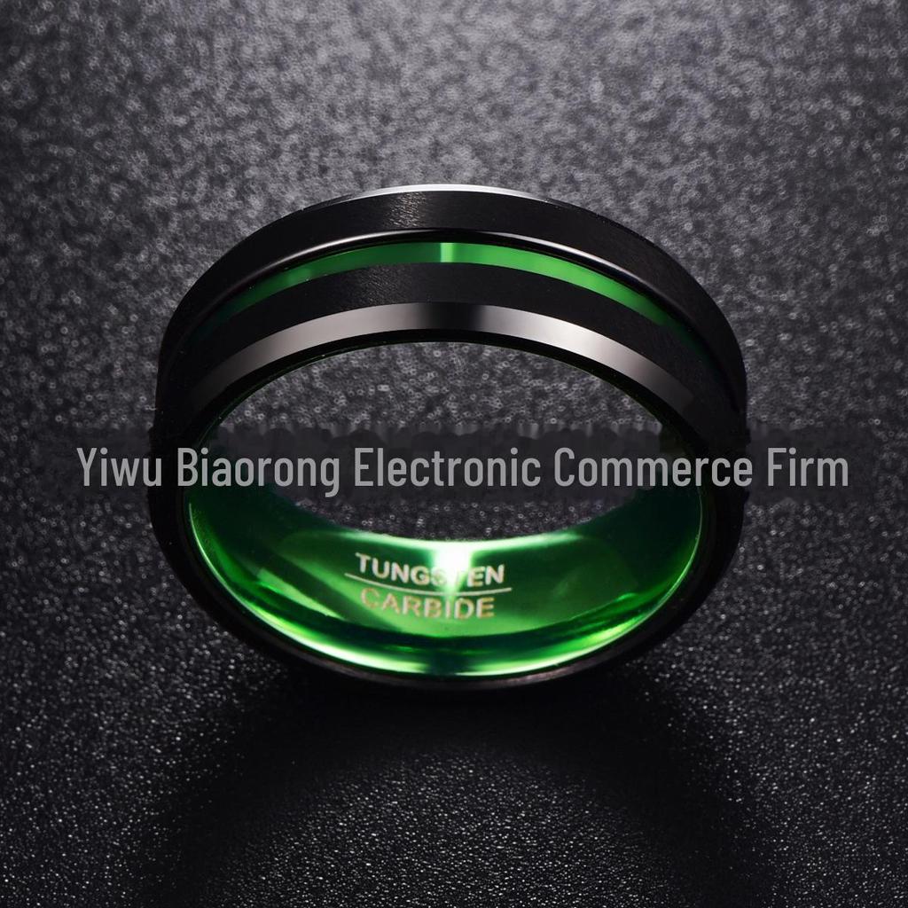 8MM Wide Flat Groove Green Tungsten Steel Ring for Men, US Size 6-14, Ready To Deliver