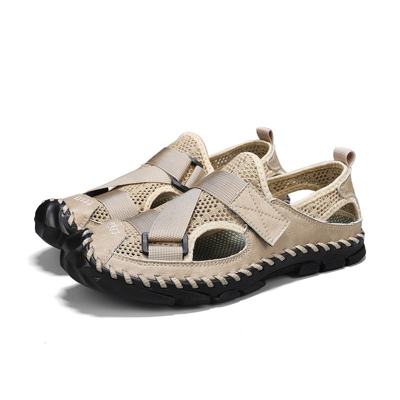 Herren Outdoor Wandersandalen Handgefertigt Sommer Römische Sandalen Retro Weit Geschlossene Zehen Grau Strand Wasserschuhe Übergröße