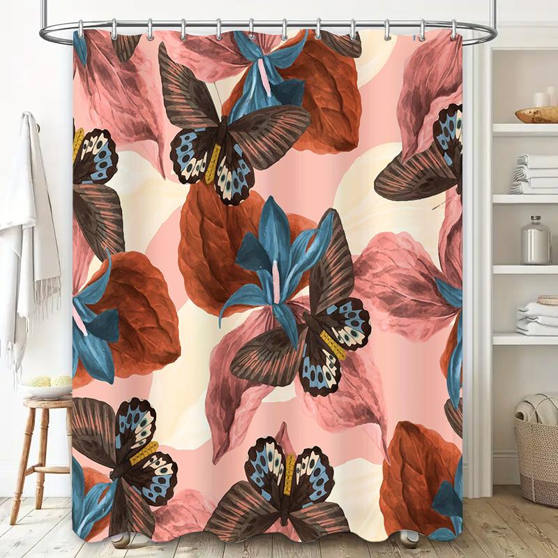 Decorative Butterfly Shower Curtain with Soft Pink Background Perfect for Bathroom Décor