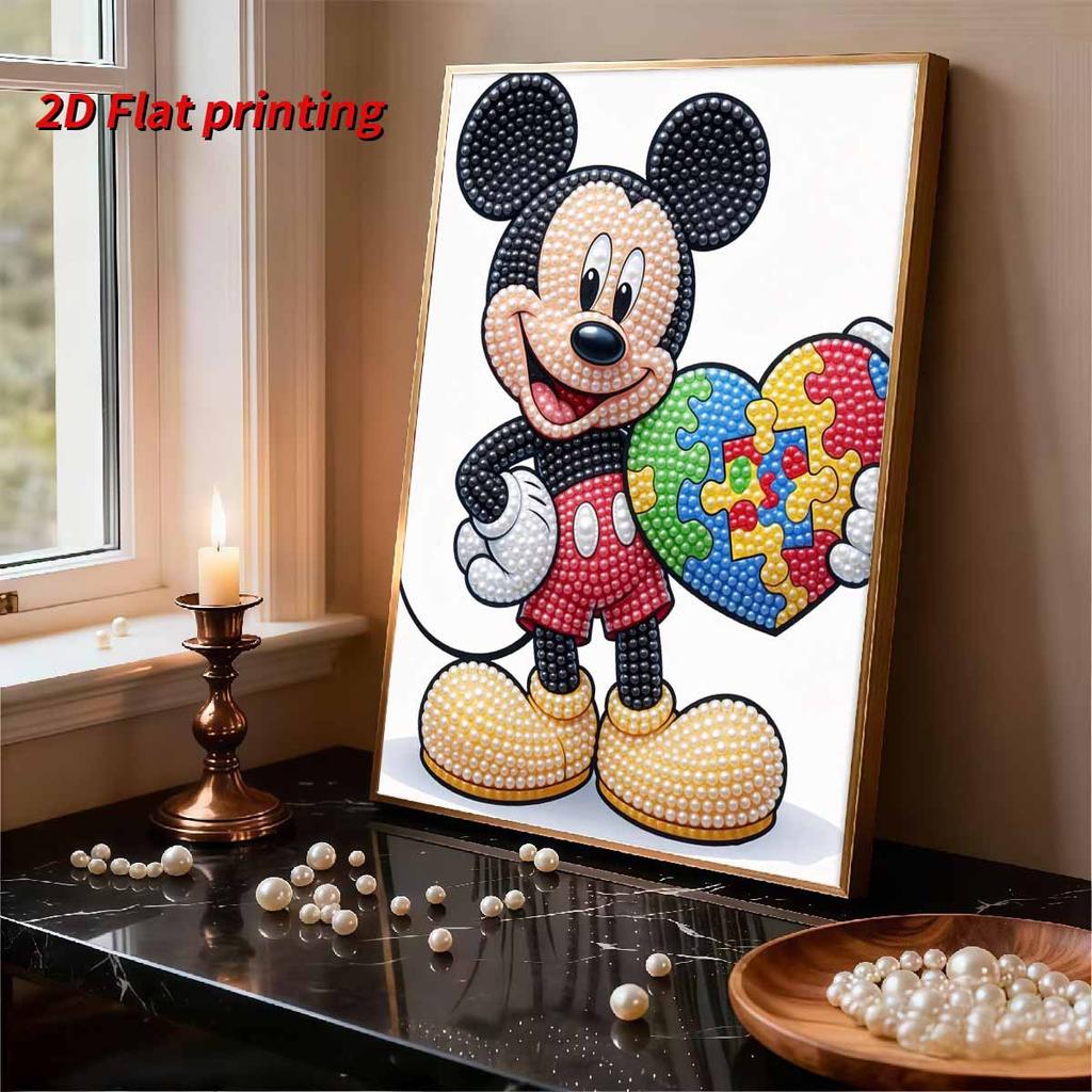 Disney Mickey Series Pearl Inlaid Frameless Art | Creative Rainbow Puzzle Heart | Modern Wall Decor for Adult Lounge & Living Space