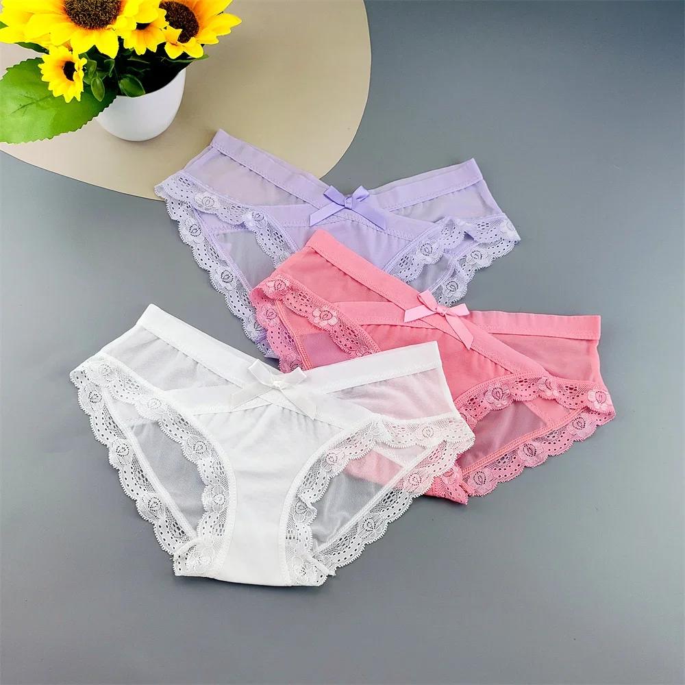 3PC Low Rise Lace Ruffles Women's Mesh Underwear Sweet Ladies Perspective Sexy Briefs Comfortable Panties