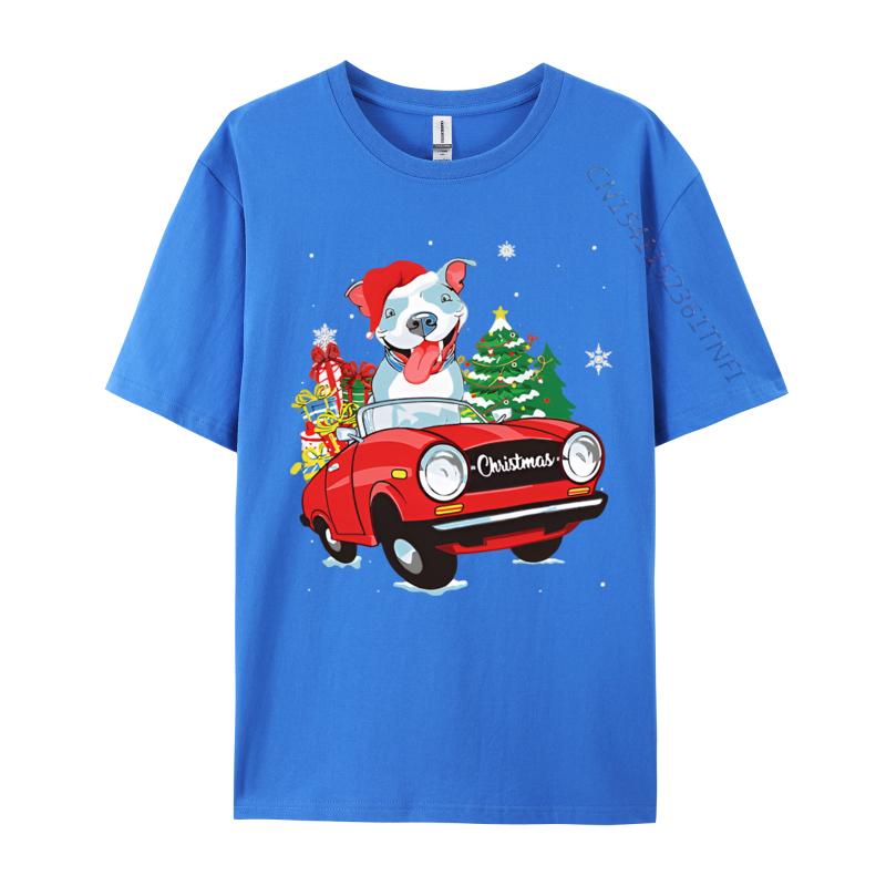 Cute Pitbull Dog Santa Hat Red Car Christmas T Shirt Tees High Quality Cotton Printed Gift T Shirt Men 100 Cotton