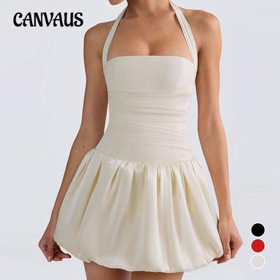 Damen Sommer Plissiert Rückenfrei Sexy Schnürung One-Line Neck Prinzessinnenkleid