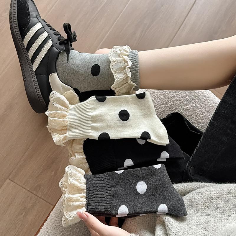 1 Paio Calzini Lolita con Volant di Pizzo da Donna Pois Retro Streetwear Calzini a Tubo Medio Moda Ragazze Dolci Kawaii Carini Calzini Lunghi