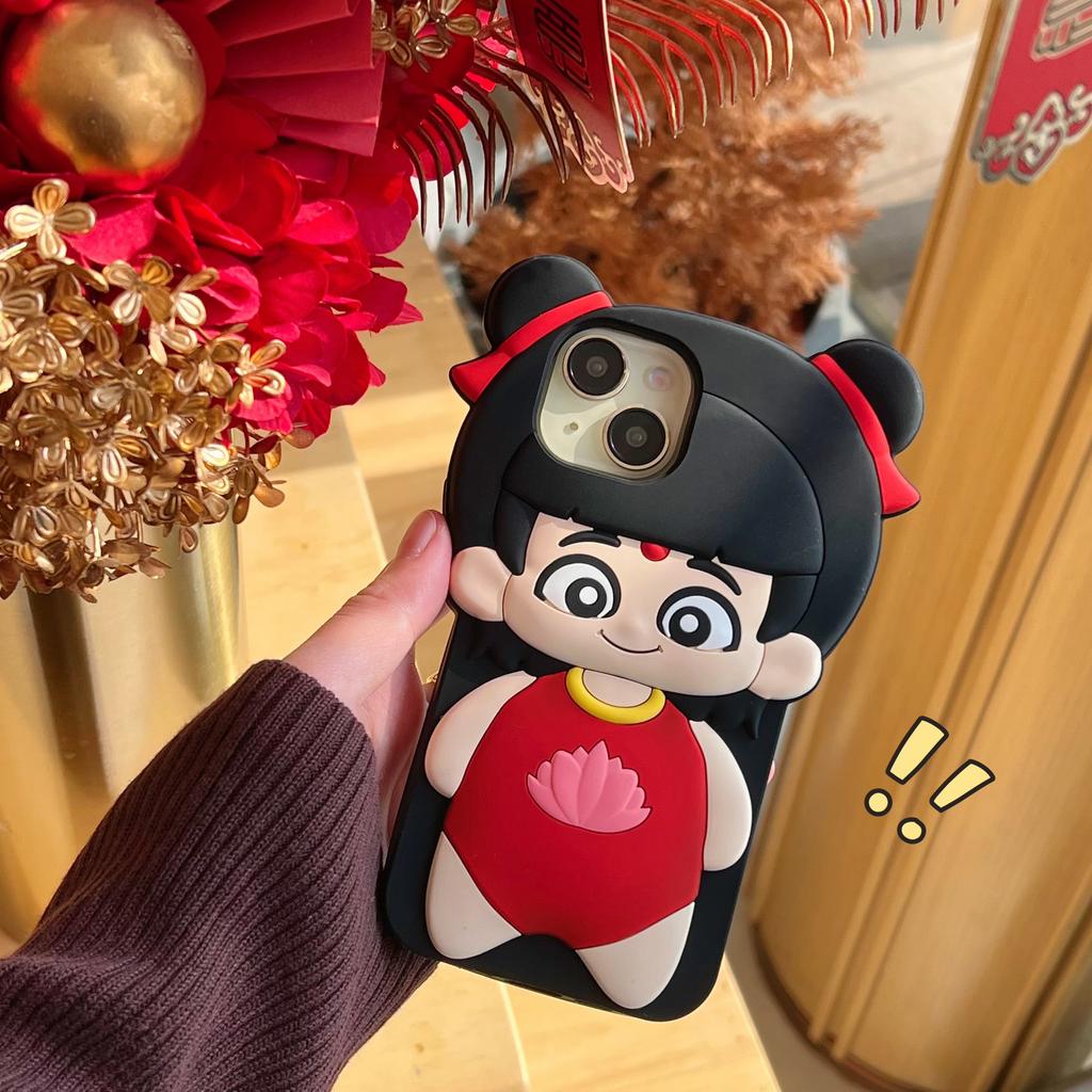 For iPhone 15 Silicone Case Cute Nezha Baby Design Shockproof Phone Back Cover