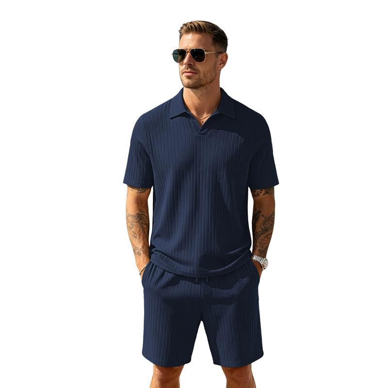 Men's Summer Beach Outfits 2 Pcs Jacquard Knit Lounge Short Sleeve Shirts and Shorts Vacation Texture Sets