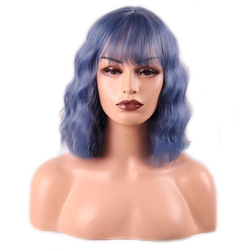 Women's Short Wave Hair Fashion Wine Red Synthetic Wig with Bangs(color:18 Colors)