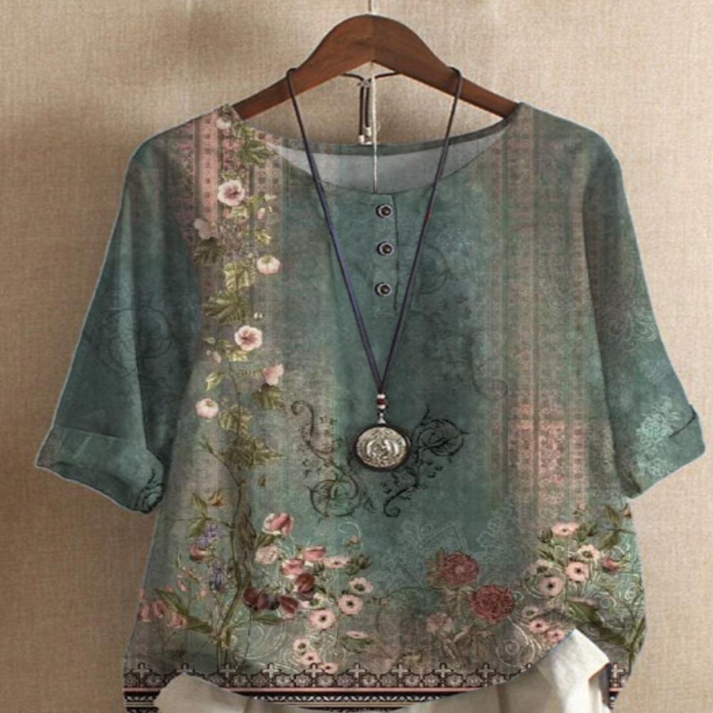 Ethnic Style Women's O-neck Digital Vintage Print Loose Shirt Half Sleeve Blouses Tops Women Harajuku Casual Pullover