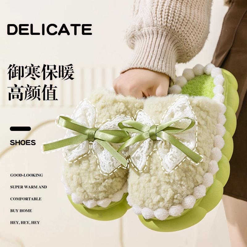 New warm bow cotton slippers autumn and winter thick bottom non-slip home plush couple drag home confinement cotton shoes women