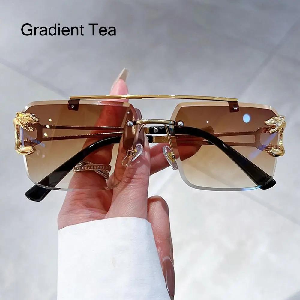 Retro Double Bridge Rimless Sunglasses Metal UV400 Oversized Square Shades Gradient Eyewear for Women  Men
