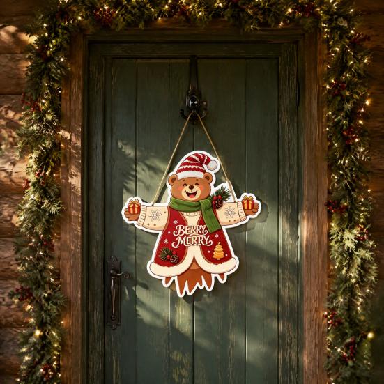 Seasonal Party Supplies Wooden Christmas Hanging Pendant, Cartoon Welcome Sign for Front Door, Holiday Shop Decorations Wall Decor with Cute