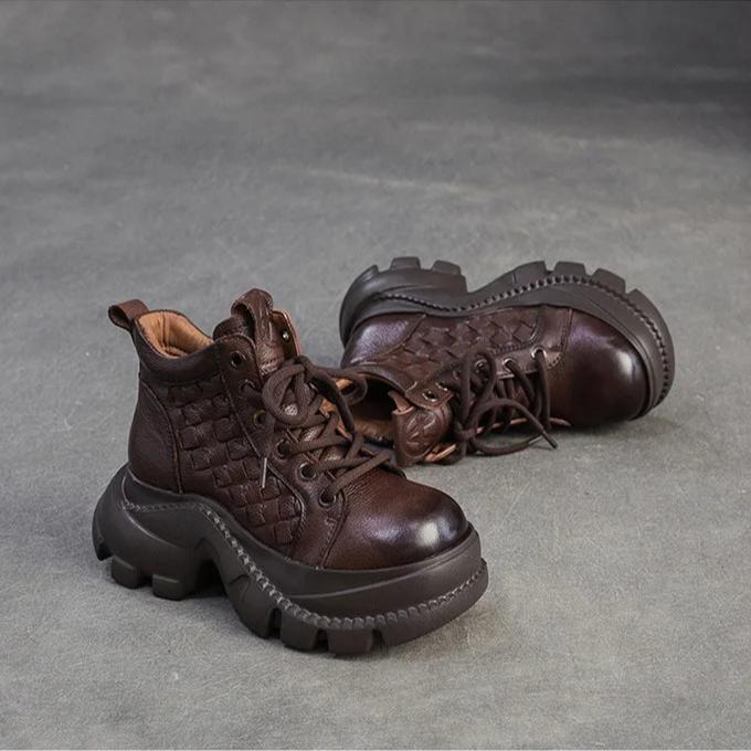 Johnature Retro Genuine Leather Thick Soled Short Boots Comfortable Side Zipper Women's Platform Shoes