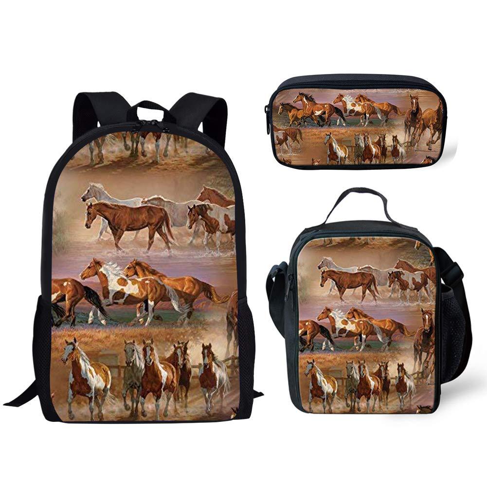 Luxury Novelty Cool Tribal Colored Horses 3D Print 3pcs/Set pupil School Bags Laptop Daypack Backpack Lunch bag Pencil Case