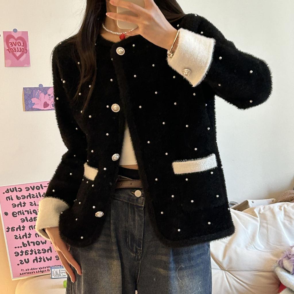Women's Short Faux Mink Fur Cardigan Jacket Autumn Winter French Niche Top Sweater Coat