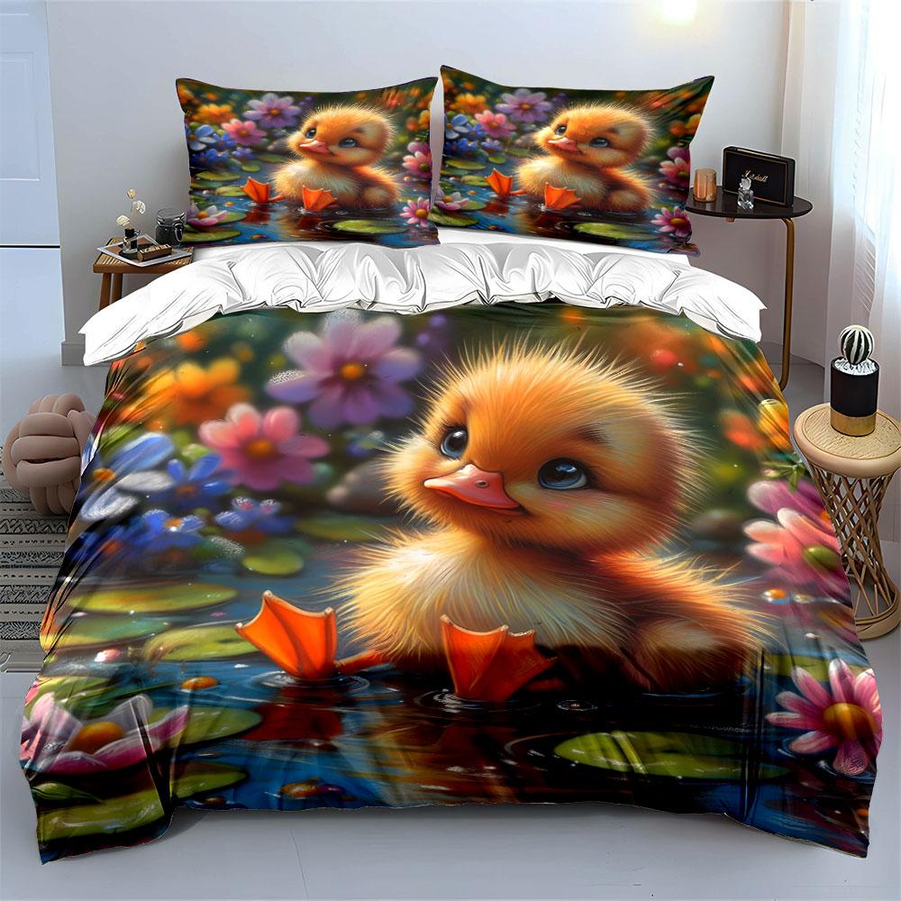 Cute Duckling In Flower Pond Print Soft Comfortable Duvet Cover Bedding Set Included 1*Duvet Cover 2*Pillowcases Luxury Gift