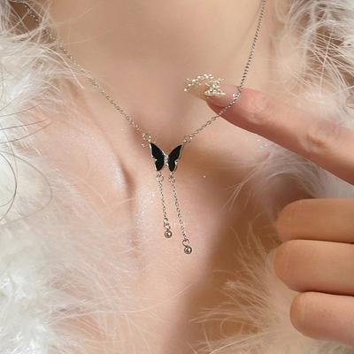 Pure Desire Wind Black Butterfly Tassel Necklace Women'S Trend Sweater Chain Versatile Clavicle Chain Accessories