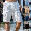 Sommer Herren Einfarbig Kordelzug Baumwolle und Leinen Mehrfach-Taschen Werkzeug Locker Outdoor Atmungsaktiv Shorts