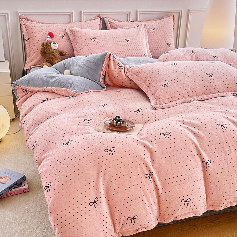 Thickened Milk Fleece Printing Four-Piece Set, Fleece Warm Coral Fleece Skin-Friendly Student Dormitory