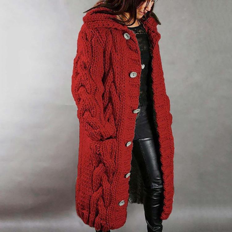 Damen Übergröße Langarm Kapuzenstrickjacke mit Taschen Einreihiger Mantel