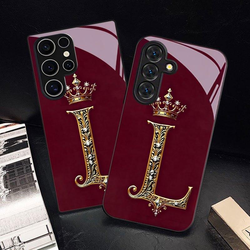 Gold Crown Letter L Pattern Glass Phone Case for Samsung Galaxy S26 S25 S24 S23 S22 S21 S20 FE Ultra Plus 5Ganti-fall Back Cover