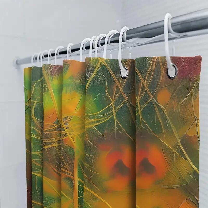 Bright Abstract Shower Curtain Green Yellow Red Gold Black Striped Pattern Watercolor Style Bathroom Decor