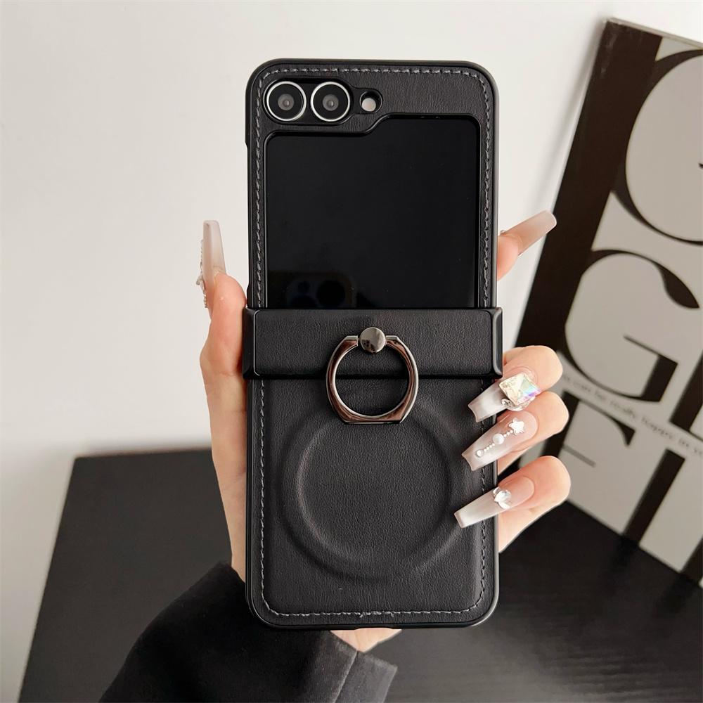 Leather Ring Holder for Magsafe Case for Samsung Galaxy Z Flip 6 5 4 3 7 Flip6 Flip5 Magnetic Bracket Shockproof Cover