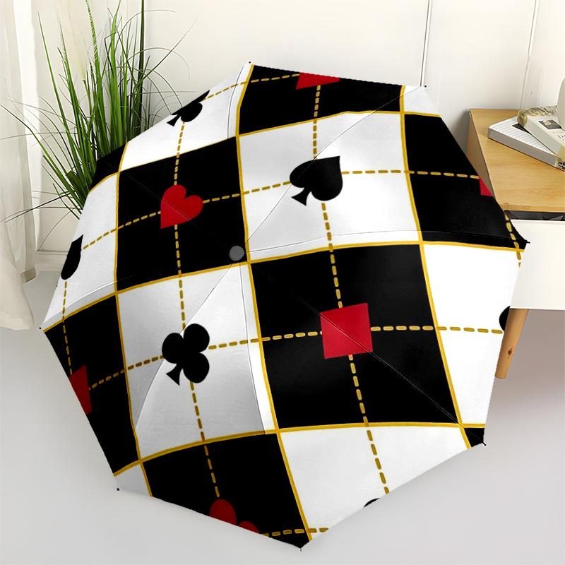 1pc Playing Cards Pattern Automatic Folding Umbrella - Compact 8-Rib Design, Durable Plastic & Iron, Festive Gift, Compact Umbrellan037