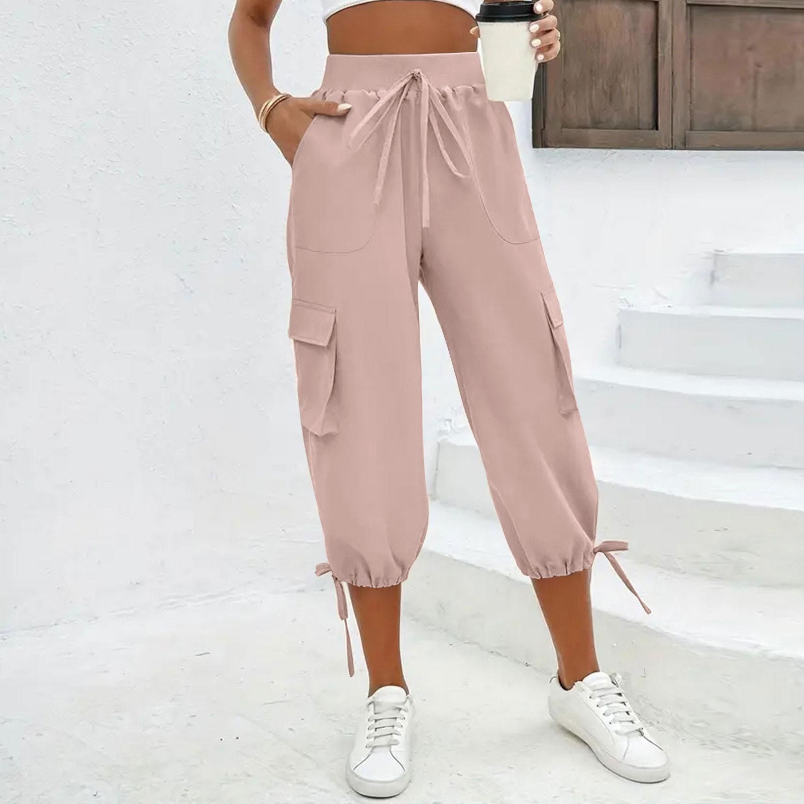 

Женские капри с карманами, эластичные, легкие, повседневные брюки карго, летние укороченные брюки, одежда для улицы XL розовый