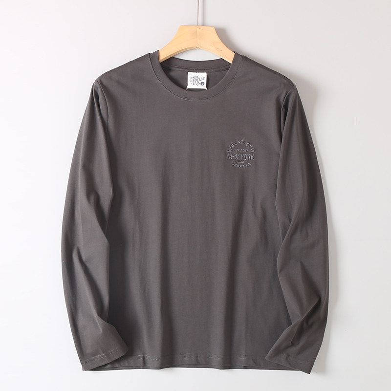 Heavy Industry Letter Embroidery! Autumn Men's Cotton Long Sleeves Shirt Foreign Trade Export Orders Solid Round Neck Bottoming Shirt