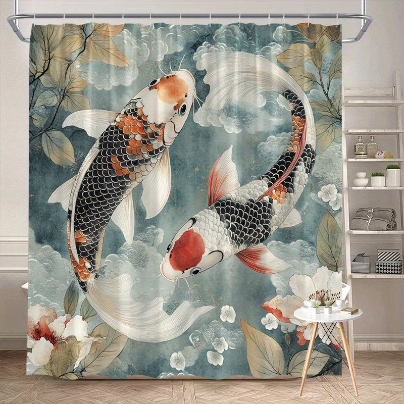 1pc Koi Fish in Cloudy Sky Shower Curtain - Japanese Ink-Inspired Design with Black, White, and Orange Koi Fish 90X180CM