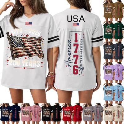 Damen Casual Mode V-Ausschnitt Sport Unabhängigkeitstag Druck Kurzarm Sport T-Shirt Top