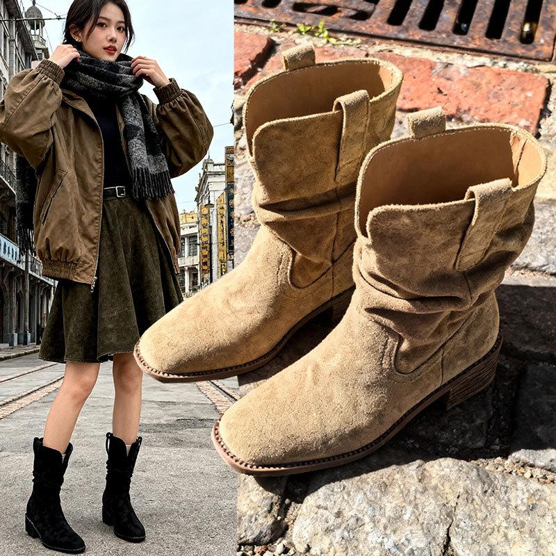 Short Boots Children's Coarse Heel Medium Tube Pile Boots Women's New Autumn Merad Western Cowboy Martin Boots