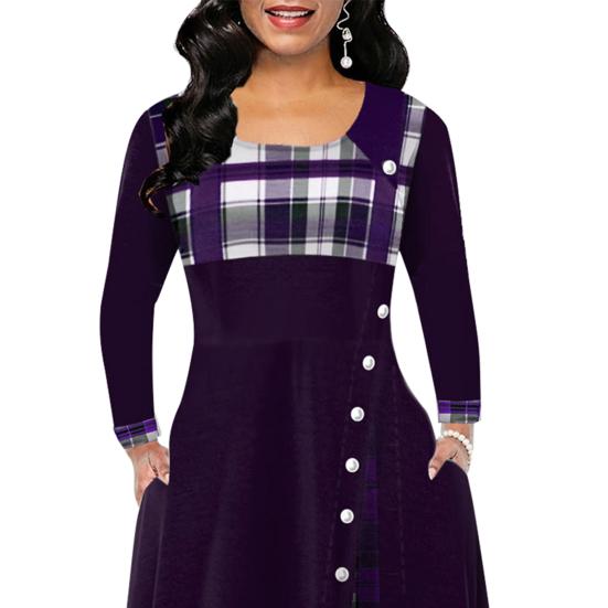 Lady Dress Contrast Colors Plaid Round Neck Patchwork Banquet Dress for Commute