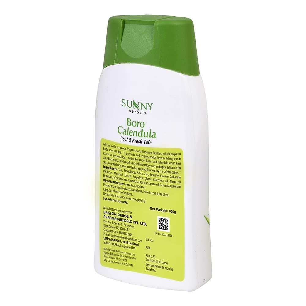 Sunny Herbals Boro Calendula Talco Rinfrescante Freschezza Corpo Controllo Odori Uso Quotidiano Casa Famiglia Confezione da 2 x 100 g