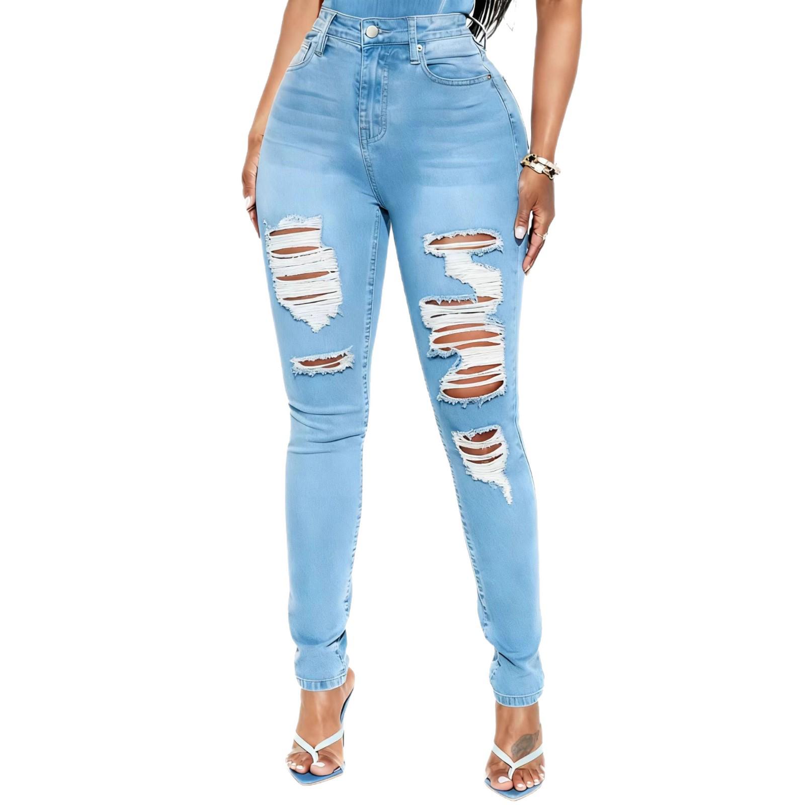 Европейско-американские узкие рваные джинсы с высокой талией для женщин S синий