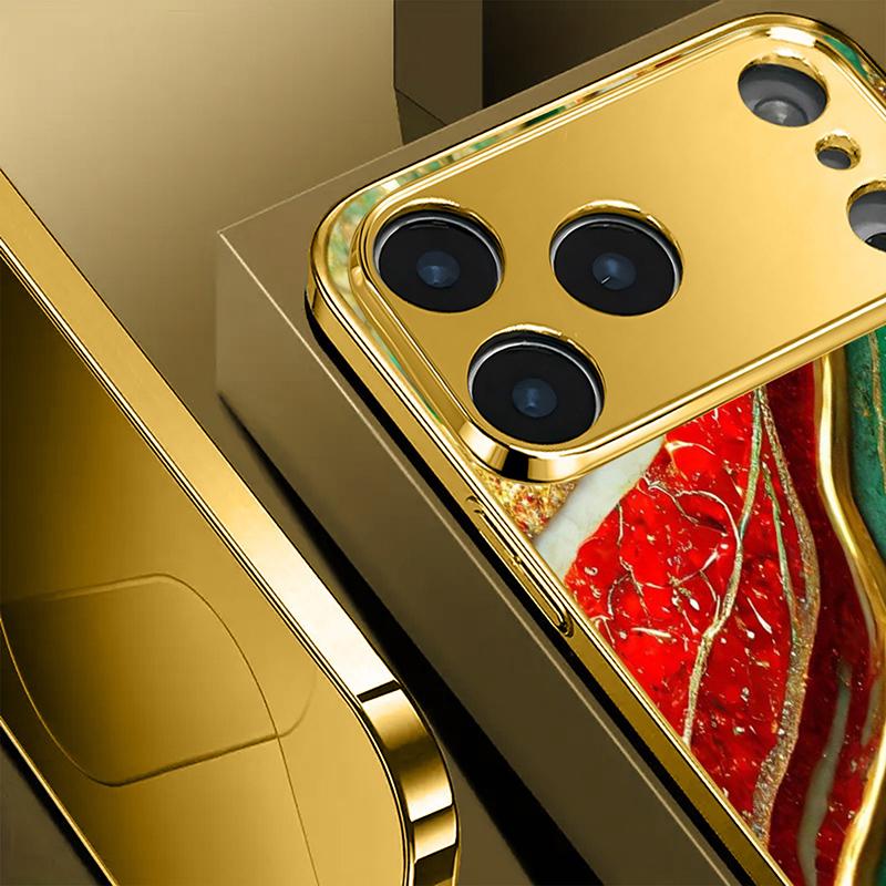 High End Gilded Pattern Gold Metallic Paint Glass Phone Case For iPhone 17 Pro Max 15 Plus 16 Pro 11 12 13 14 17 Air 16E Cover