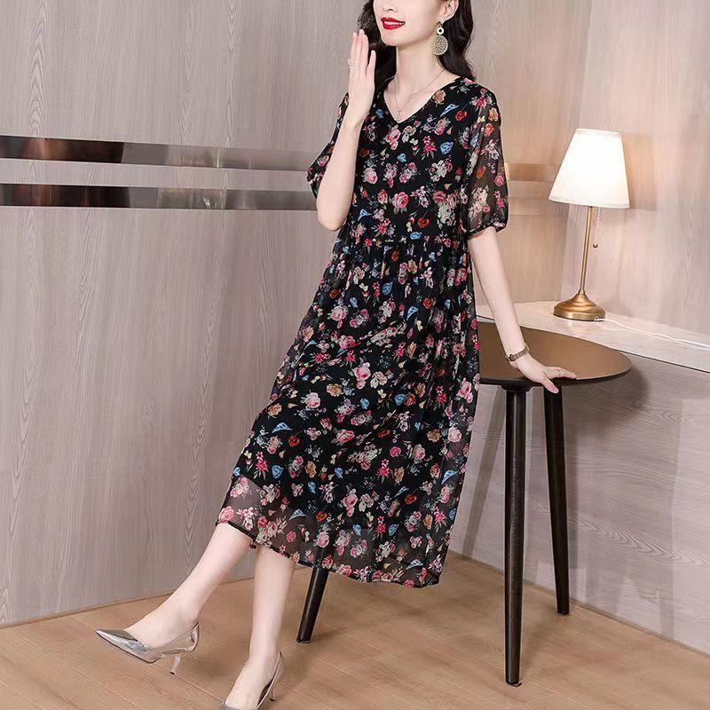 2023 New Women's Clothing Casual Simplicity Printing V-neck Loose Knee Skirts Elegant Fashion Thin Summer Short Sleeve Dresses