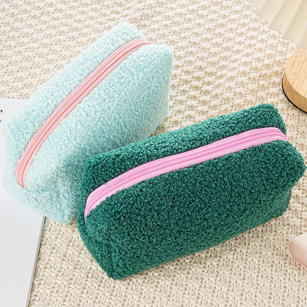 Plush Cute Makeup Bag Hand-held Japanese Style Large Capacity Pen Case Solid-color Portable Travel Cosmetics &Toiletries Bag