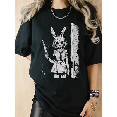 Europäische Größen Damen's Horror-Hase Maske Grafik-T-Shirt - Gotische Anime-Kunst Lässiges Rundhals-T-Shirt, Maschinenwaschbar Ganzjahres-Alternative