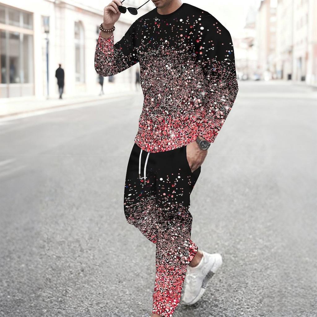 Men Black Cyan Half Split Brush Edge Print Long Sleeve Sweatshirt Jogger Pants Two Piece Suit