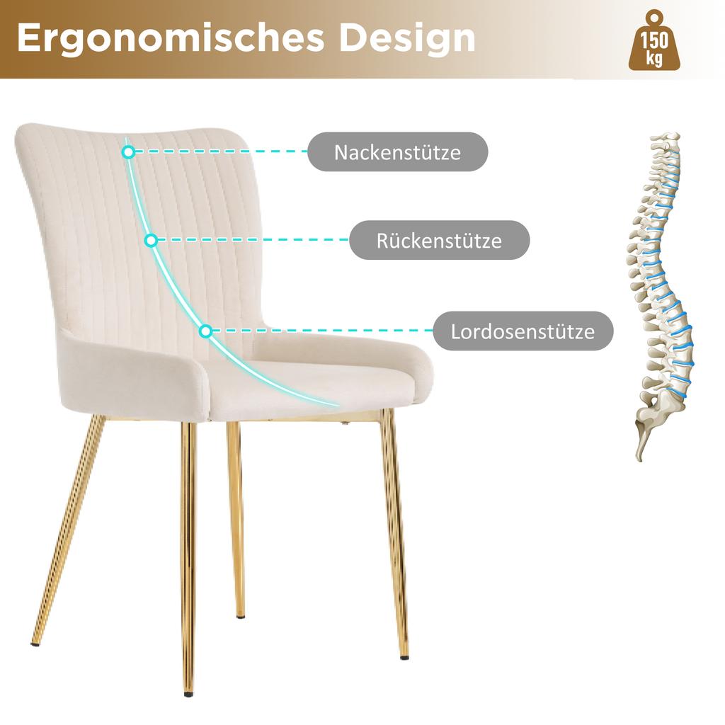 Velvet Dining Chair, Set of 6, Luxurious, Living Room, Bedroom, Lounge Chair with Four Golden Metal Support Legs, Lumbar Support, Beige