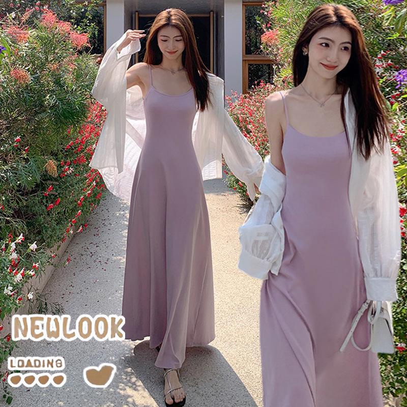 2026 Summer Korean Spaghetti Strap Dress & Sun Protection Shirt Set
